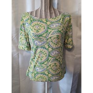 Beautiful Women's Medium Ralph Lauren Green Paisley Short Cuffed Sleeve Blouse